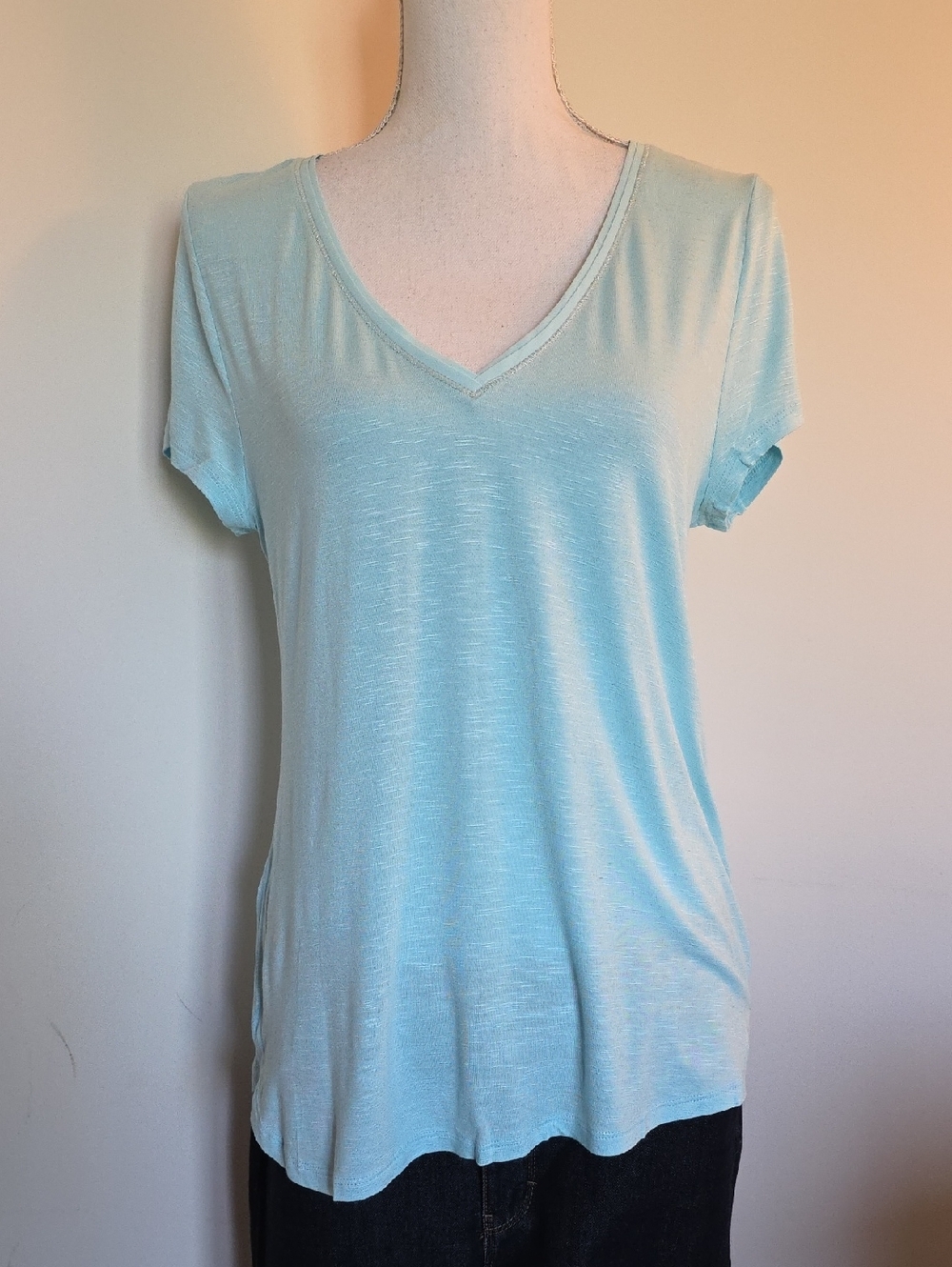 White House Black Market Light Blue/green V-Neck Short Sleeve Tee